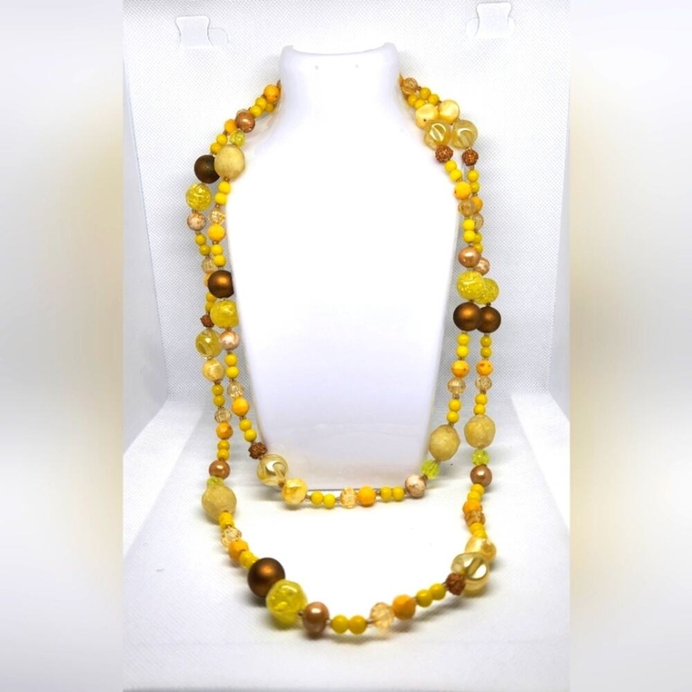 Vintage Chunky Yellow & Brown Beaded Boho Statement Necklace